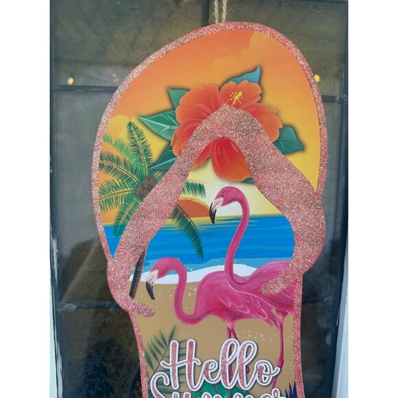 Hello Summer Flamingo Flip-Flop Wreath Sign - Perfect for Wreaths, Swags Decor - Picture 3 of 4